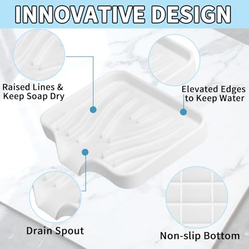 2 Pack Silicone Soap Dish with Drain, Self Draining Bar Soap Holder for Shower, Silicone Dish Soap Tray, Bathroom and Kitchen Sink Organizer, White - color: White