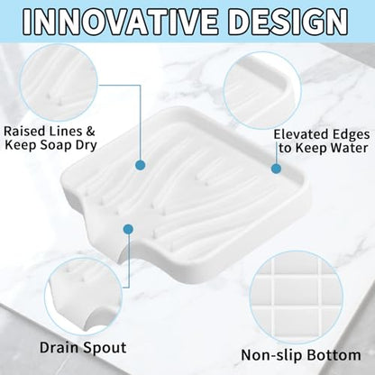 2 Pack Silicone Soap Dish with Drain, Self Draining Bar Soap Holder for Shower, Silicone Dish Soap Tray, Bathroom and Kitchen Sink Organizer, White - color: White