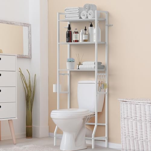 Over Toilet Storage 3-Tier Bathroom Shelf Organizer Multifunctional Above Toilet Storage Rack Freestanding Space Saver Behind the Toilet Shelf White Toilet Stand with Hooks and Toilet Paper Holder - color: White