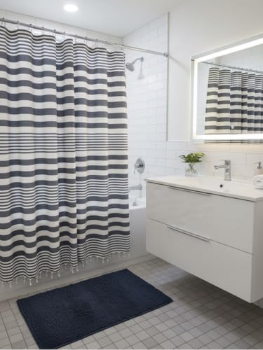 Blue and White Striped Cotton Fabric Shower Curtain with Fringe for Bathtub or Shower, Machine Washable Bath Curtain, 72 x 72 Inch, Margot Denim - color: Margot Denim