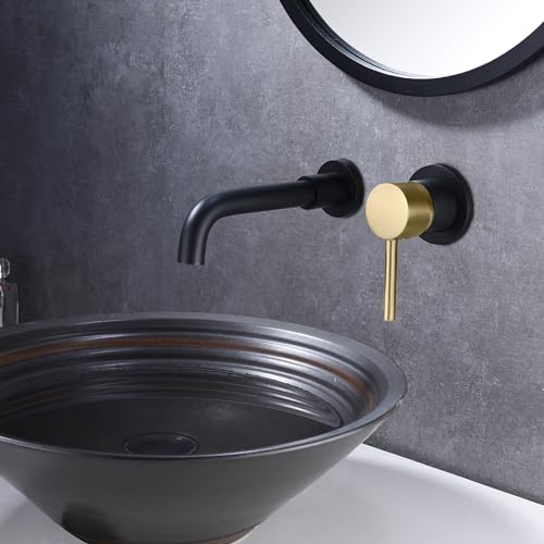 SUMERAIN Wall Mount Bathroom Faucet, Black and Gold | One Handles, Rough in Valve Included, For Bathroom Sink, Swivel Spout - color: Black and Gold, size: Right-Handed
