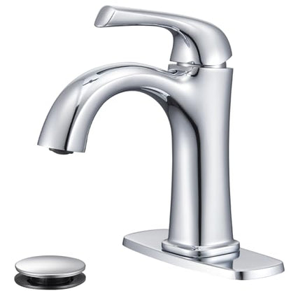 Polished Chrome Single Hole Bathroom Faucet, Single Handle Brass Bathroom Sink Faucet, Lavatory Vanity Faucet for 1 or 3 Holes, Bathroom Faucets with Pop Up Drain and Supply Lines, Deck Plate - color: A-Polished Chrome