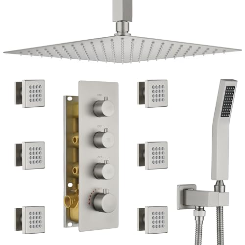 Thermostatic Shower System with 6 Body Jets & 16-Inch Ceiling Rainfall Shower Head Luxury Full Body Brushed Nickel Shower Faucet with Handheld Sprayer, Shower Fixtures Set with Valve and Trim - color: Brushed Nickel