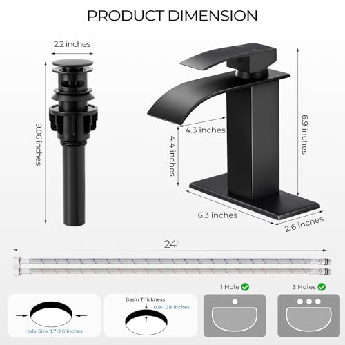Matte Black Bathroom Faucets, Waterfall Bathroom Sink Faucet | Single Handle, Stainless Steel, Vanity Faucet with Deck Plate, Pop-up Drain, For 1 or 3 Hole, RV, Farmhouse - color: A-Black