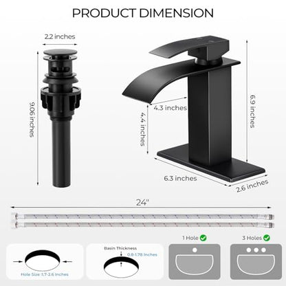 Matte Black Bathroom Faucets, Waterfall Bathroom Sink Faucet | Single Handle, Stainless Steel, Vanity Faucet with Deck Plate, Pop-up Drain, For 1 or 3 Hole, RV, Farmhouse - color: A-Black