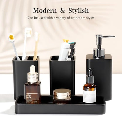 Bathroom Accessories Set, 4 Piece Toothbrush Holder Set - Black | Bathroom Accessory Set with Soap Dispenser, Toothbrush Holder, Tumbler, Vanity Tray, Bathroom Sink Set for Modern Home Decor - style: Black