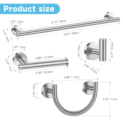 Brushed Nickel Towel Bar Set, 5-Piece Bathroom Hardware Accessories Set with Smiley Face Towel Rings, Stainless Steel Wall-Mounted Towel Holder Set for Bathroom,23.6 Inch - color: Brushed Nickel