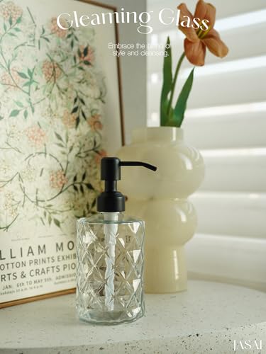 JASAI Diamond Design 12 Oz Glass Soap Dispenser with Black Pump | Small Hand soap Dispenser with Rust Proof Pump, Bathroom Soap Dispenser for Hand Soap, Liquid Soap, Dish Soap. - color: Clearglass-black Pump, style: Diamond