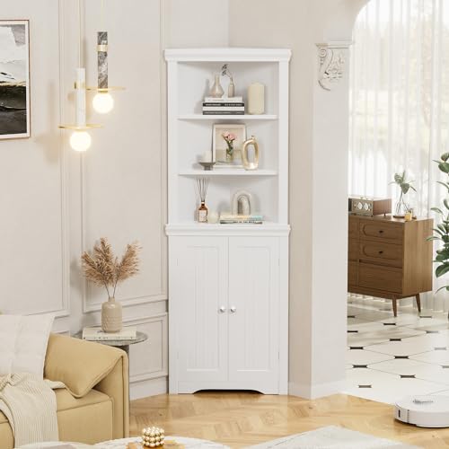 Flamaker Corner Cabinet, Freestanding Corner Shelf with 2 Doors and 3 Shelves, Bathroom Corner Storage Cabinet for Bathroom, Living Room, Kitchen (White) - color: White