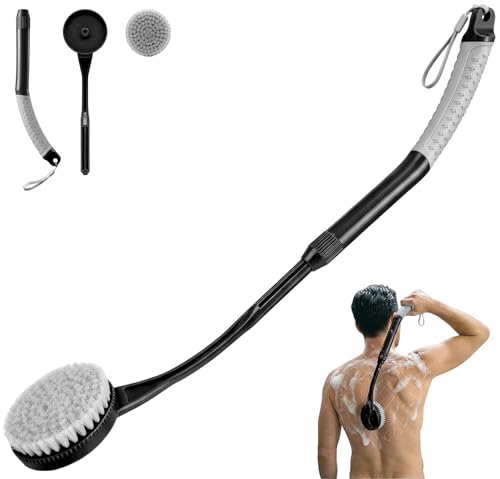 Back Scrubber for Shower, Long Handle Bath Brush with Soft Bristles, Adjustable Shower Brush for Body Exfoliating & Dry Brushing, Non-Slip Ergonomic Handle, Removable Head for Men & Women