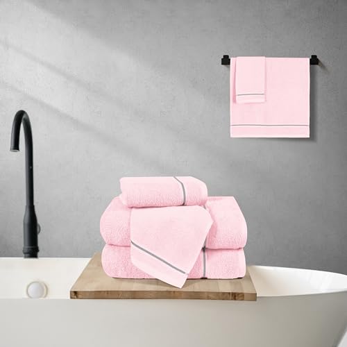 MyOwn Ultra Soft 6 Pack Cotton Towel Set, Contains 2 Bath Towels 28x55 inch, 2 Hand Towels 16x24 inch & 2 Wash Coths 12x12 inch, Ideal Everyday use, Compact & Lightweight - Pink - color: Pink, size: 6 Piece Set