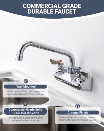 Commercial Sink Faucet - Leak Free Brass 4 Inch Wall Mount 2 Hole, 6" Swivel Spout 3 Compartment Sink Faucet for Restaurant/Industrial/Kitchen/Laundry/Bar - size: 4" Center 6" Swivel Spout
