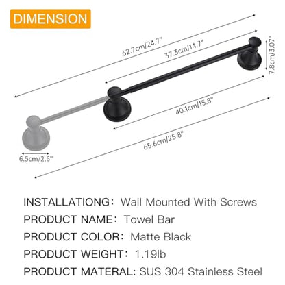 Towel Racks for Bathroom Wall Mounted Bath Towel Bar Matte Black | Adjustable 16-26 In, Wall Mounted Towel Holder, Stainless Steel, Rustproof, Towel Bar Rod Hanger Hardware Accessories Hotel - color: Matte Black