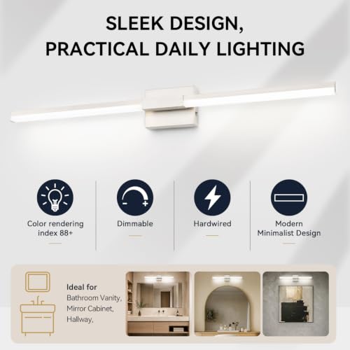 SOLFART Bathroom Light Fixture 40-Inch: Brushed Nickel Dimmable Vanity Lights for Bathroom, Built-in Dimmer, Thickened Aluminum Body, 360 Degree Rotation, ETL IP44 - color: Brushed Nickel-6000K, 5-Step Brightness Control, size: 40 inch