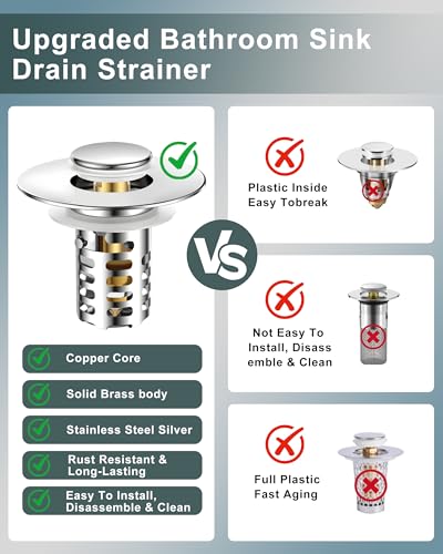 Bathroom Sink Drain Strainer,Universal Fit 99% Bathroom Sink Stopper, Anti-Clog Stainless Steel Drain Filter Basket, Removable Sink Drain for Bathroom Sink Stopper for (1.18'' to 2.17'' inch) Drain