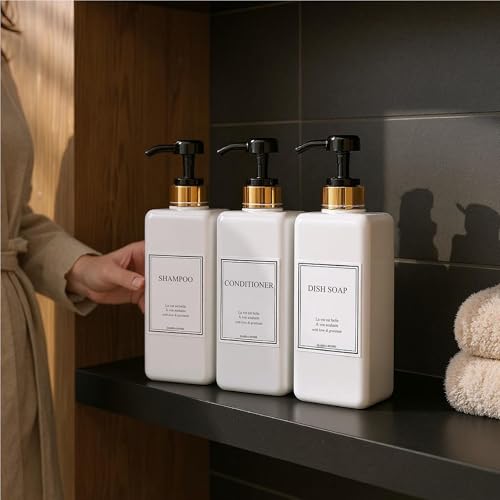 Modern Gold Design Shampoo and Conditioner Dispenser - Large 27oz Shower Soap Dispenser, Set of 3 Refillable Empty Plastic Pump Bottles for Bathroom and Body Wash (6 Waterproof Labels Included), Black - color: Black