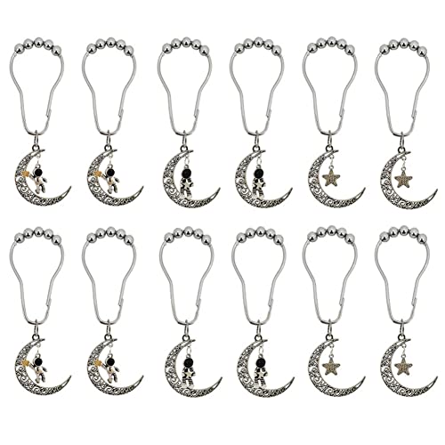 12Pcs Astronaut Shower Curtain Hooks for Bathroom Shower Rod | Rust-Proof Stainless Steel Shower Curtain Rings for Shower Curtain Liners with Fun Pendant, Space Moon Theme Bathroom Decor