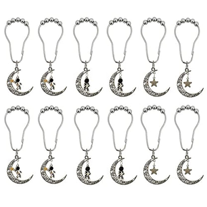 12Pcs Astronaut Shower Curtain Hooks for Bathroom Shower Rod | Rust-Proof Stainless Steel Shower Curtain Rings for Shower Curtain Liners with Fun Pendant, Space Moon Theme Bathroom Decor