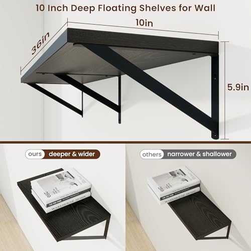 Deep Floating Shelves, 36'' x 10'' Black Wall Shelves Set of 2 | 10 Inch Deep Shelves with Heavy Duty Brackets, Rustic Wood Shelves for Bathroom Living Room, Engineered Wood, 45LBS - color: Black, size: 36W x 10D