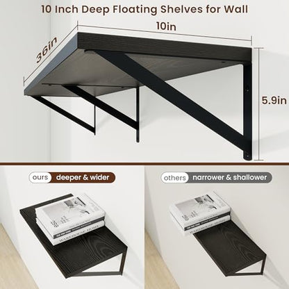 Deep Floating Shelves, 36'' x 10'' Black Wall Shelves Set of 2 | 10 Inch Deep Shelves with Heavy Duty Brackets, Rustic Wood Shelves for Bathroom Living Room, Engineered Wood, 45LBS - color: Black, size: 36W x 10D