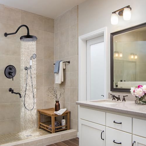 Rainfall Shower System with Handheld Sprayer,Oil Rubbed Bronze Antique Shower Faucet Sets,Shower Fixture Combo with Brass Pressure Balance Valve,Complete Shower Kit with Foldable Tub Spout - color: Oil Rubbed Bronze