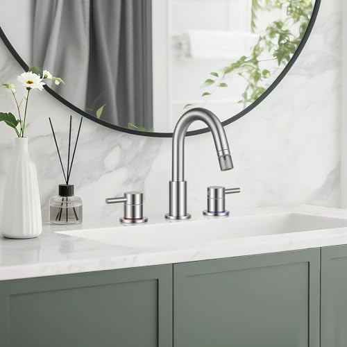 8 Inch 3 Hole Brushed Nickle Pull Down Bathroom Sink Faucet | Stainless Steel,Two Water Flow Modes,Brushed Nickle,3 hole Widespread,Pop-up Drain,Water Supply Hoses,Pull Down Sprayer, - color: A-Brushed Nickel