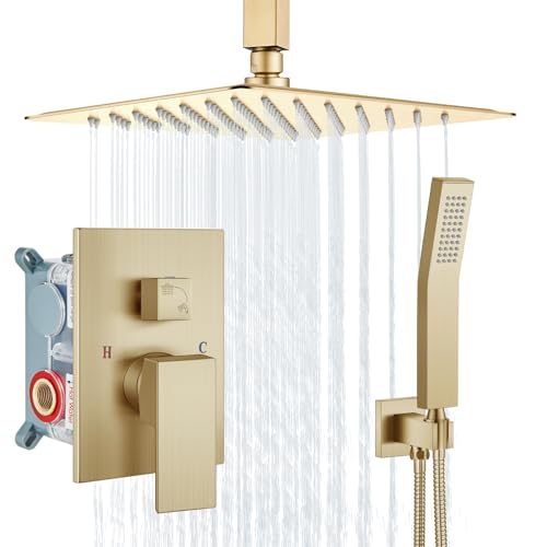 Aolemi Ceiling Shower Faucet with Handheld 12 Inch Head Brushed Gold | Shower Valve and Trim Kit,SUS304 Rain Head and Handle Set System,All Metal,Bathroom, Handheld Spray - color: Gold, size: 12 Inch Ceiling Shower Head