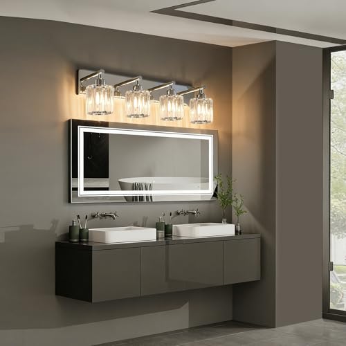 Brushed Chrome Crystal Bathroom Vanity Light, 4-Light Modern Bathroom Lighting Fixtures Over Mirror,Chrome Wall Sconce Light Fixtures with Round Shade - color: Chrome-Round Shade, size: 4-LIGHT