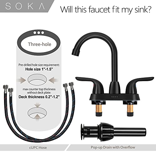 SOKA 2 Handle Bathroom Faucet Black, 4 Inch Black Bathroom Sink Faucet Centerset with Lift Rod Drain Stopper and Supply Hoses, RV Bathroom Faucet 3 Holes, Matte Black Bathroom Faucet - color: Matte Black, size: 4" Double-handled