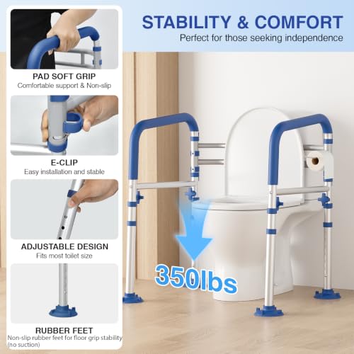 Foldable Toilet Safety Rails for Seniors, Height & Width Adjustable | Safety Frame & Toilet Handles for Elderly & Disabled, Fits Most Toilets, 350lb Capacity, Blue - color: Blue