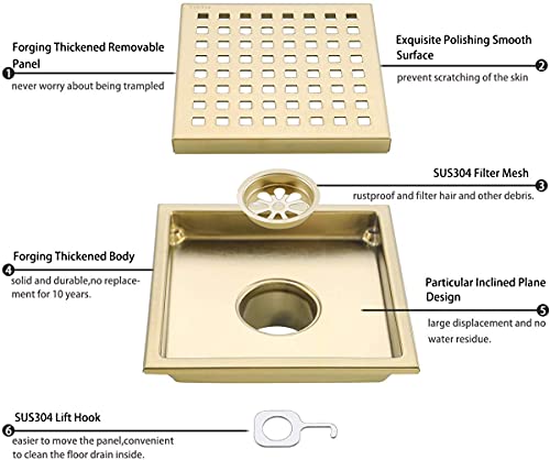 RANDOM Brushed Gold Shower Drain Square 6 Inch Shower Floor Drain with Grid Grate & Removable Hair Strainer 304 Stainless Steel Shower Drain Cover Bathroom Accessories.98738BG - color: C-brushed Gold-6″ Square