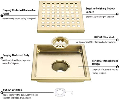 RANDOM Brushed Gold Shower Drain Square 6 Inch Shower Floor Drain with Grid Grate & Removable Hair Strainer 304 Stainless Steel Shower Drain Cover Bathroom Accessories.98738BG - color: C-brushed Gold-6″ Square