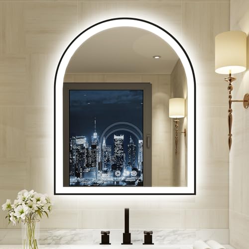 24"x30" Arched LED Lighted Bathroom Mirror with Lights | Black Aluminum Frame, Fogless, Dimmable, Shatterproof, Touch Sensor, 3 Color Changing - color: Black, size: 30"L x 24"W