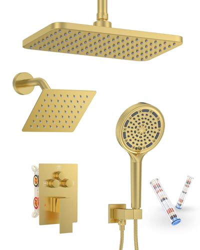 KOJOX Brushed Gold Dual Shower Head System – 11" Ceiling Rainfall + 6" Wall Mount Heads, 6-Mode Handheld Spray, Push-Button Diverter Faucet Set - color: Brushed Gold, size: 6''+11''