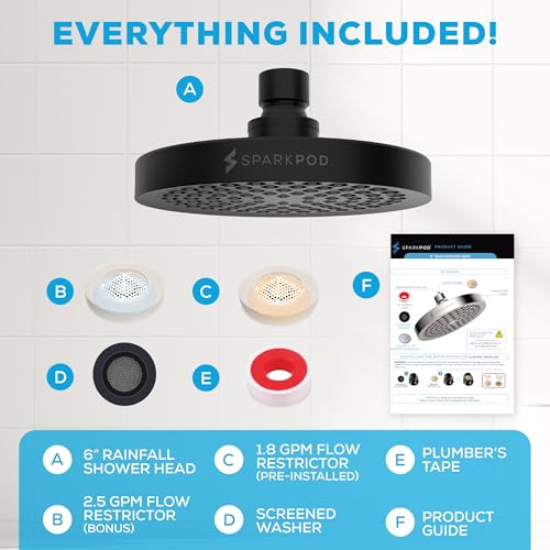 SparkPod Rain Shower Head, 6 Inch Round, Midnight Black Matte Finish | High Pressure Shower Heads, 90 Nozzles, Adjustable Showerhead, No Tools Needed, Universal Connection - color: Midnight Black Matte, style: 6 Inch Round