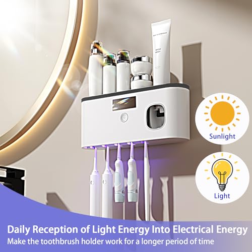 Toothbrush Holders for Bathrooms,Toothpaste Dispenser Wall Mounted,Electric Toothbrush Holders with Solar Charging, Smart Drying Toothbrush Cleaner,Toothbrush Organizer with 5 Brush Slots