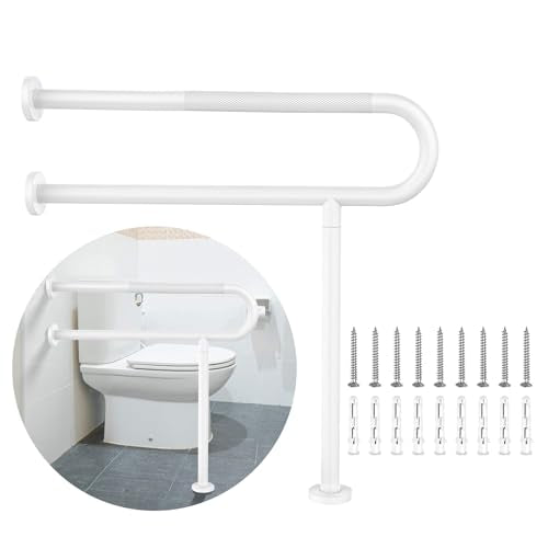 32 Inch White Toilet Support Rail, Munzong Floor to Wall Handicap Grab Bar | Bathroom Anti-Slip Stainless Steel Knurled Safety handrails with Leg for Elderly Disabled Pregnant-1.25’Tube - color: White, size: 32 Inch