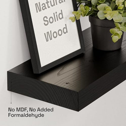 Solid Wood Floating Shelves for Wall 24 inch Black, Wooden Bathroom Shelf | Real Wood, Wall Mounted, Heavy Duty, Bedroom Kitchen Living Room, Black Finish, 24W x 6.7D, Set of 2 - color: Black, size: 24 Inch