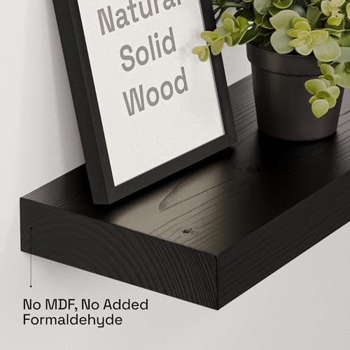 Solid Wood Floating Shelves For Wall 16 inch Black, Bathroom Wooden Shelf | Real Wood, Wall Mounted, Thick, Bedroom Kitchen Living Room, Black Finish, 16W x 6.7D Inch, Set of 2 - color: Black, size: 16 Inch