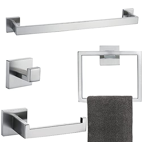 Brushed 4-Piece Bathroom Hardware Set Premium Stainless Steel Bath Towel Bar Sets Wall Mounted Square Bathroom Accessories Kit, 23.6 Inch Brushed Nickel - color: Brushed Nickel, size: 4-Pieces Set-A