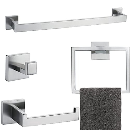 Brushed 4-Piece Bathroom Hardware Set Premium Stainless Steel Bath Towel Bar Sets Wall Mounted Square Bathroom Accessories Kit, 23.6 Inch Brushed Nickel - color: Brushed Nickel, size: 4-Pieces Set-A