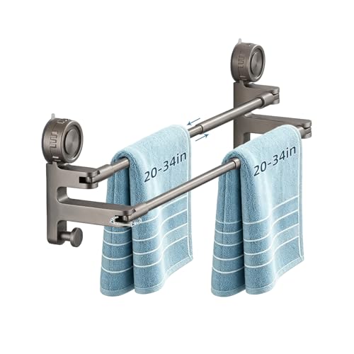 Adjustable Suction Cup Towel Bar, Grey, 20-34", 2-Tier | Extendable Carbon Steel Towel Racks, Space Saving, Bath Towel Holder with Hooks, No-Drill Mounted, For Bathroom Wall