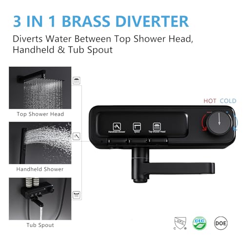 Rainfall Showerhead and Handle Set, 10" Bathroom Shower System, 3 Functions Wall Mounted Shower Faucet Complete Combo Solid Brass with Foldable Tub Spout Modern Bathtub Faucet Shower Trim Kit - color: Matte Black