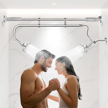 OURBAOFU Tandem Shower Heads, Double Shower Head for Couples, Dual Shower Head System for Two People, High Pressure and Adjustable Double Shower Heads (Silver) | Double Shower Head High Water Pressure,Adjustable 360° Rotation,48–78 In for bathrooms,Stainl