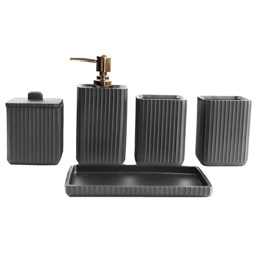 Hymmah Black Bathroom Accessories Set,Unique Design Bathroom Set 5 Pcs Resin Gift Set Apartment Necessities, Contain Cotton Swab Jar,Soap Dispenser,Soap Dish/Tray,Tumbler - color: Black 5
