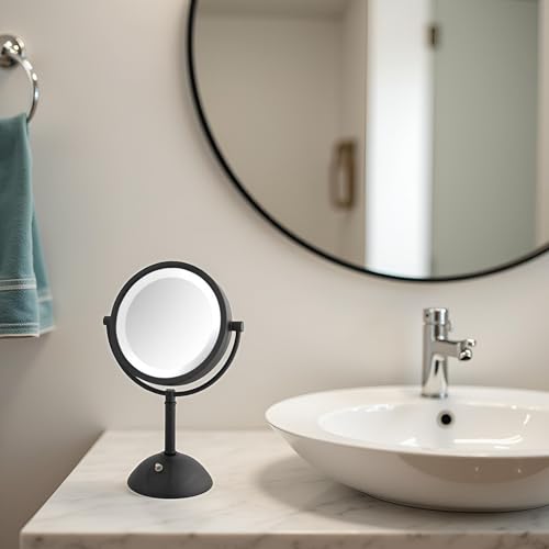 JERDON Lighted Makeup Mirror with 8X Magnification - Black - HL8808BKL | Two-Sided 1X View, 8.5" Round Frame, 16" Tall, LED Lighting - color: Black
