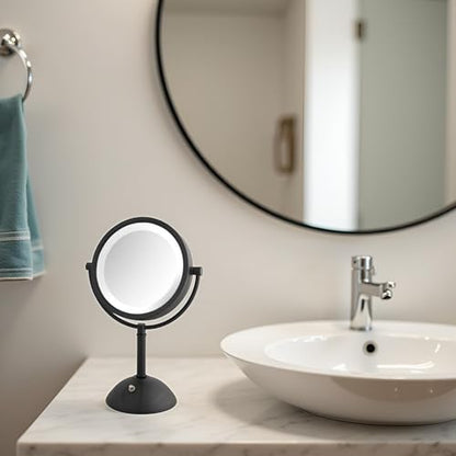 JERDON Lighted Makeup Mirror with 8X Magnification - Black - HL8808BKL | Two-Sided 1X View, 8.5" Round Frame, 16" Tall, LED Lighting - color: Black