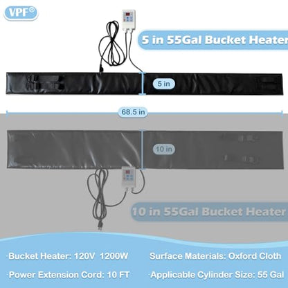 Industrial 55-Gallon Barrel Heater with 0-212℉ Adjustable Thermostat, 1200W Waterproof Drum Heater Blanket for Metal Barrels & Propane Tanks, 24H Timer, UL/FCC Certified Energy-Saving Heating System - size: 5X68.5in