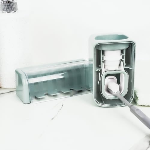 5 Slots Wall Mount Toothbrush Holder with Cover, Self Adhesive Toothbrush Storage Organizer for Shower, Toothbrush Hanger with Automatic Toothpaste Squeezer Dispenser (Blue) - color: Blue Combination