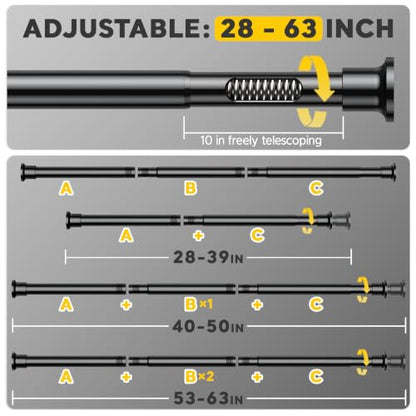 Black Tension Curtain Rods 28 to 63 Inch,1"Heavy Duty Shower Curtain Rod，No Slip No Drill Adjustable Shower Rod for Bathroom, Window, Closet & Wardrobe - color: Black, size: 28-63 inch